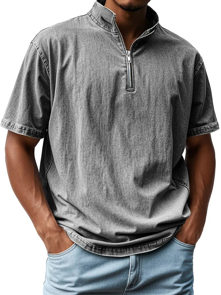Men’s Short Sleeve Shirt – Fitted Cut – Stand Collar – Zip Front – Breathable Blend
