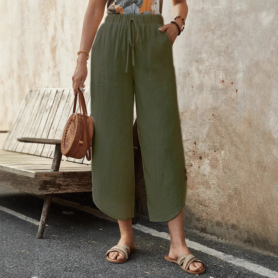 Women’s Cropped Pants – Cotton Linen Blend – High Waist – Wide Leg – Drawstring Waist