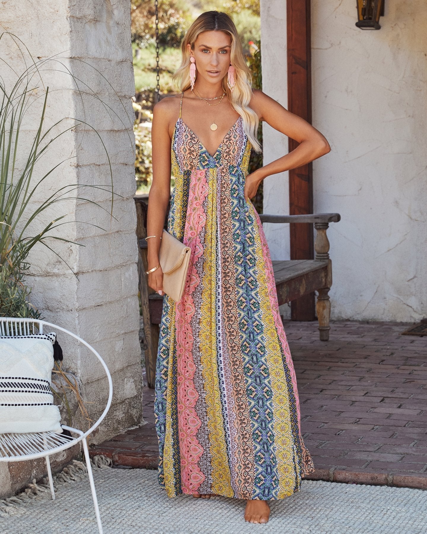Women’s Maxi Dress – Lightweight Cotton Blend – Open Back – Flowy Fit – V-Neck Strap
