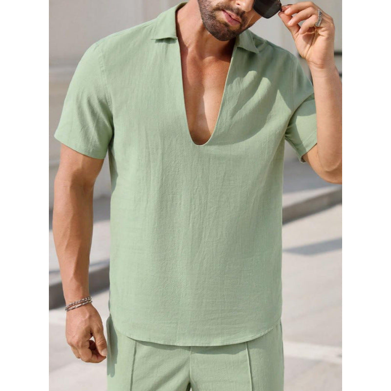 Men’s Two-Piece Set – Linen Blend – Relaxed Fit – V-Neck Short Sleeve Shirt & Pants