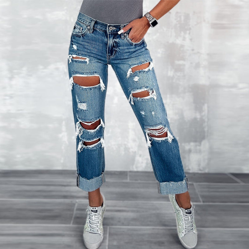 Women’s Boyfriend Jeans – Relaxed Fit – Distressed Denim – Rolled Cuff – Mid Rise