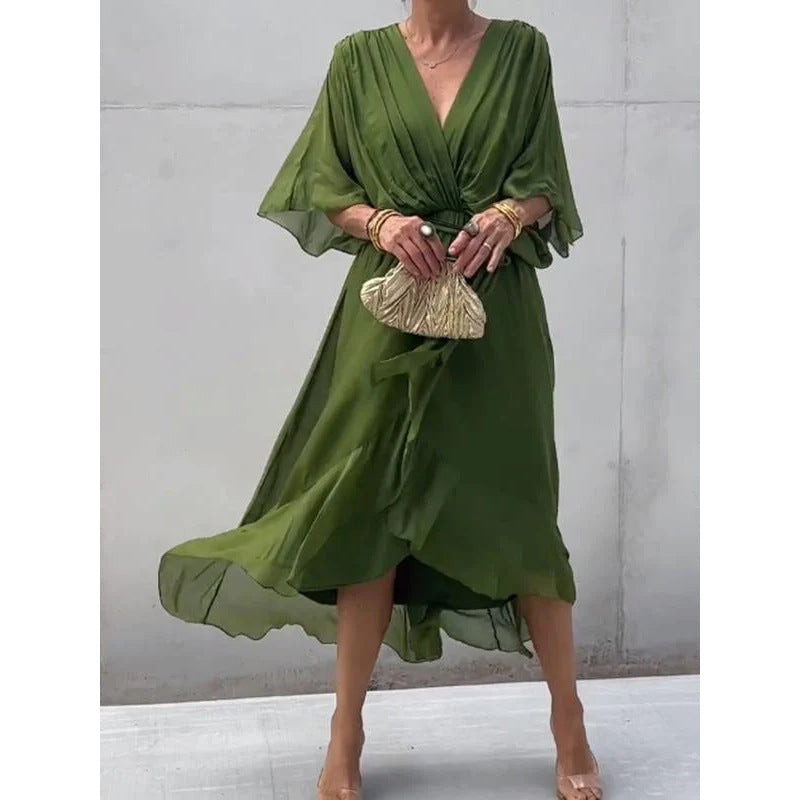 Women’s Maxi Dress – Flowing Fit – Batwing Sleeves – Tie Waist – Asymmetrical Hem