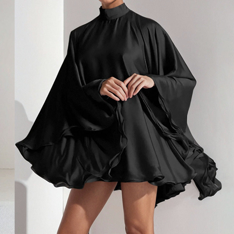 Women’s Short Dress – Flowing Fit – Ruffled Sleeves – Half-High Neck – Elegant Look