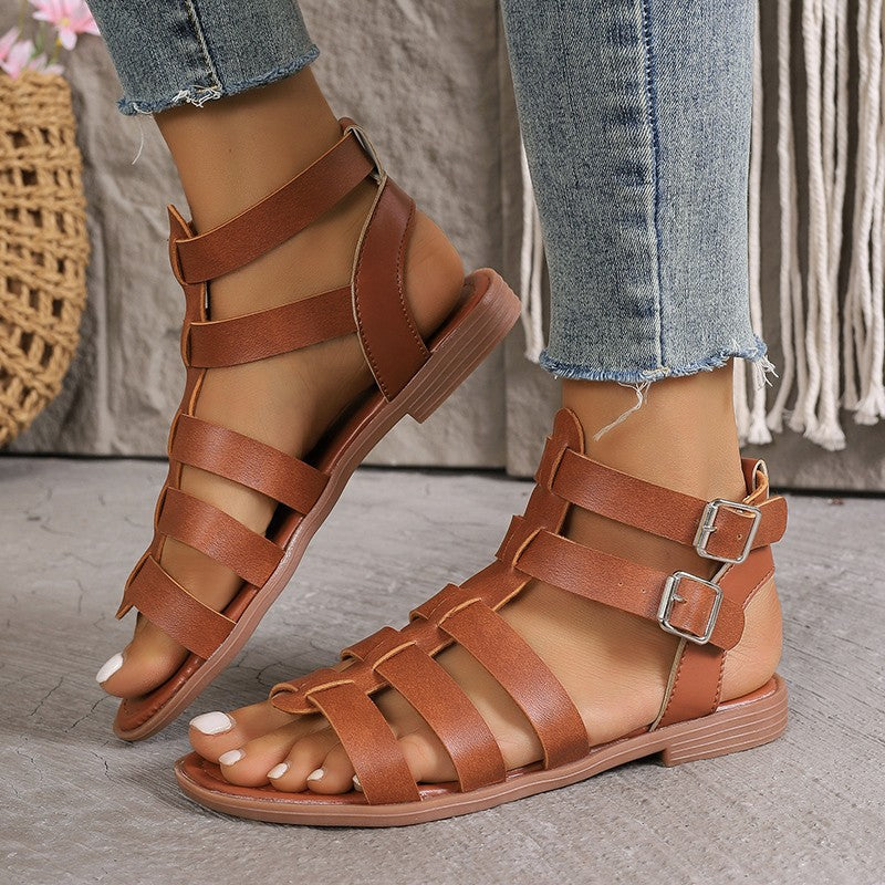 Women’s Sandals – Roman Style – Flat Sole – Buckled Open Toe