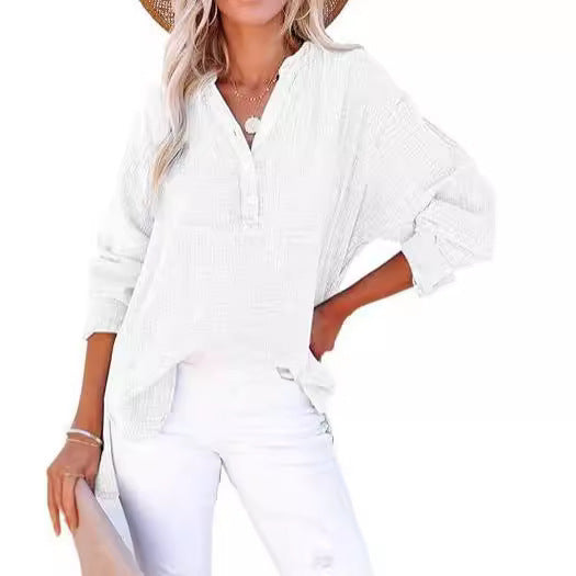 Women’s Long Sleeve Top – Relaxed Fit – Crinkled Cotton – Button Front Casual Style