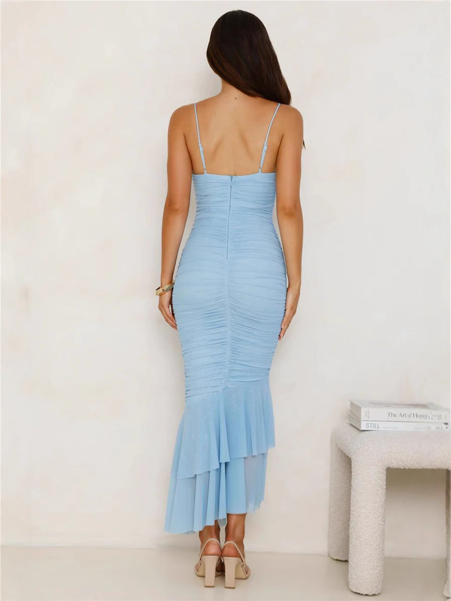 Women’s Midi Dress – Slim Fit – Ruched Bodice – Spaghetti Straps – Floral Appliqué