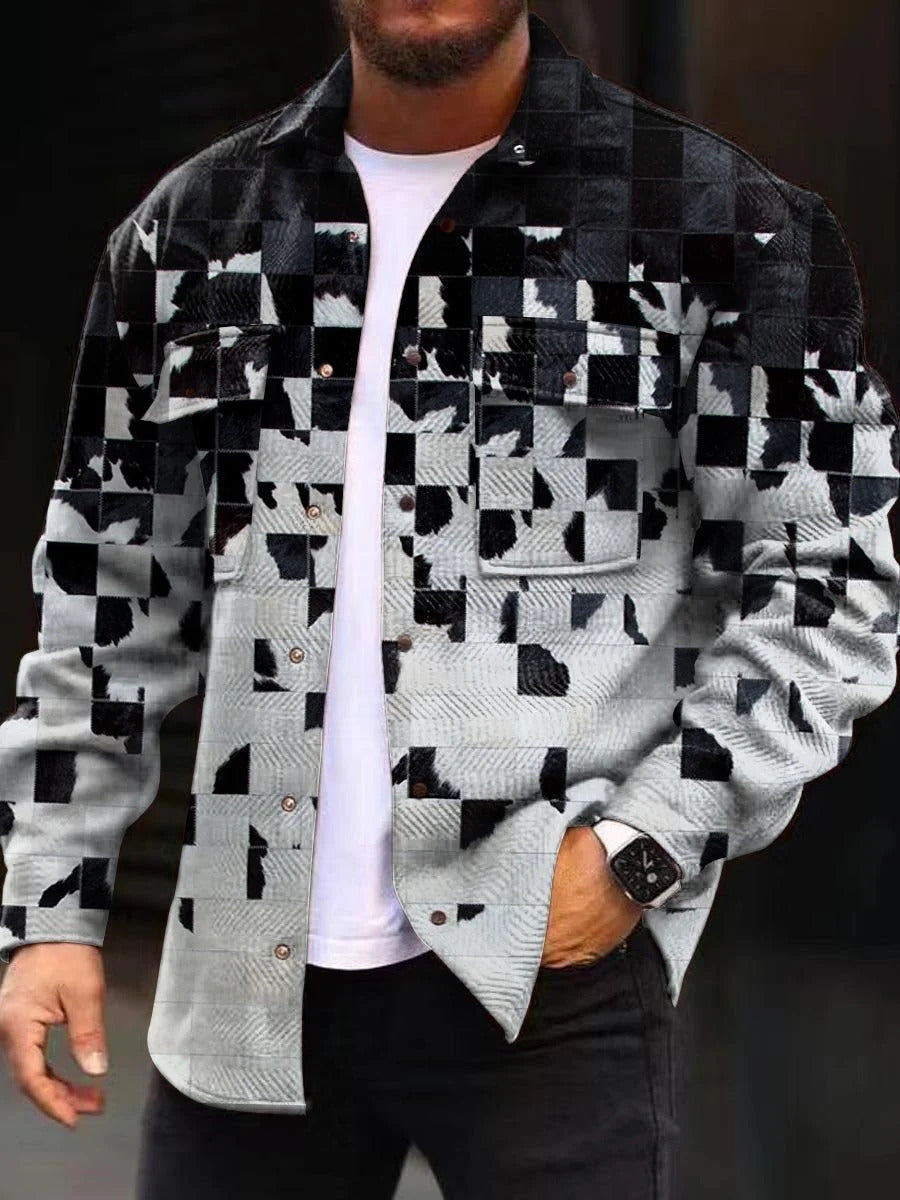 Men’s Denim Jacket – Regular Fit – Geometric Pattern – Button Front Casual Layering