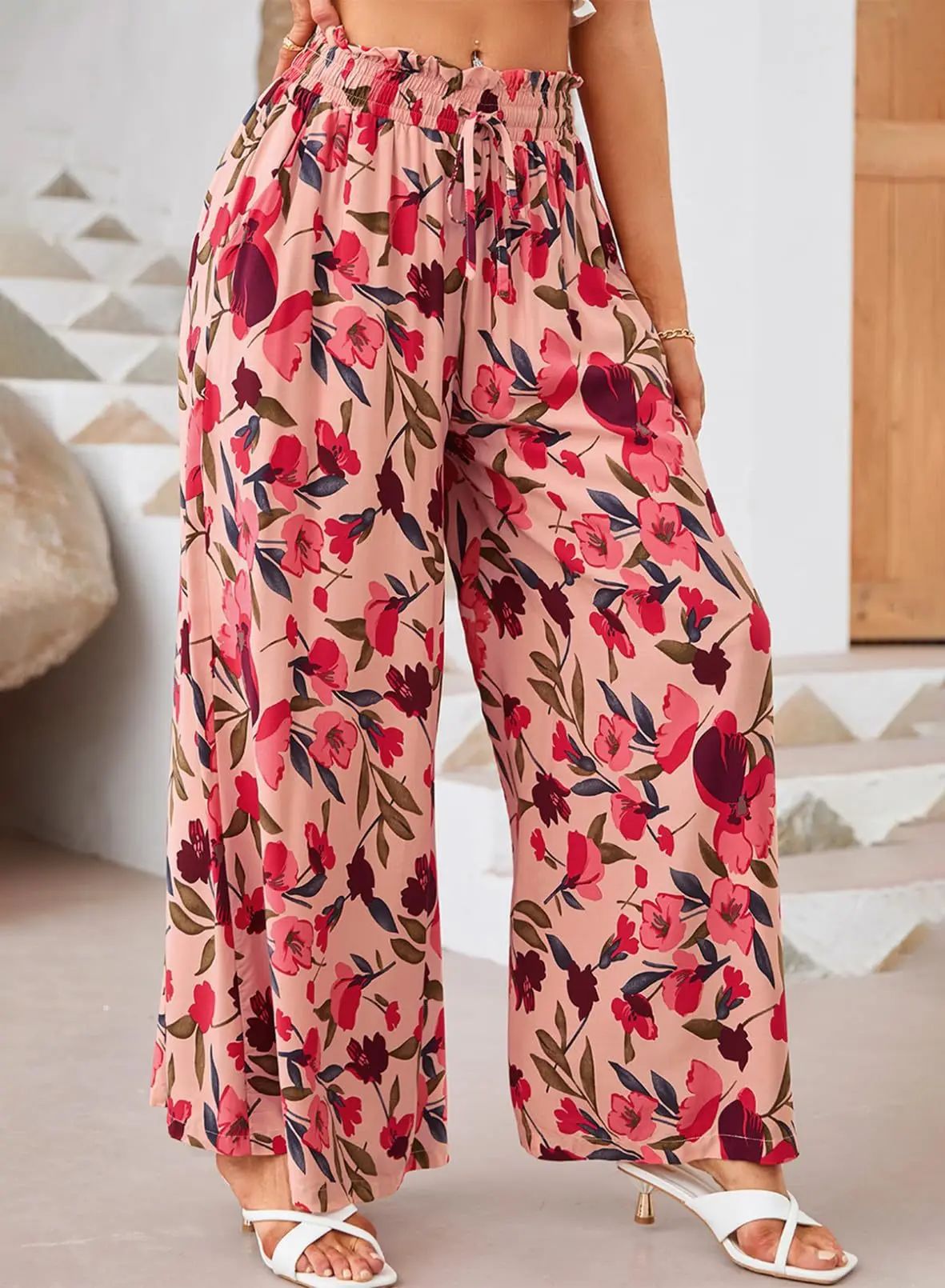 Women’s Wide-Leg Pants – Chiffon – High Waist – Floral Print – Drawstring Waist – Full Length
