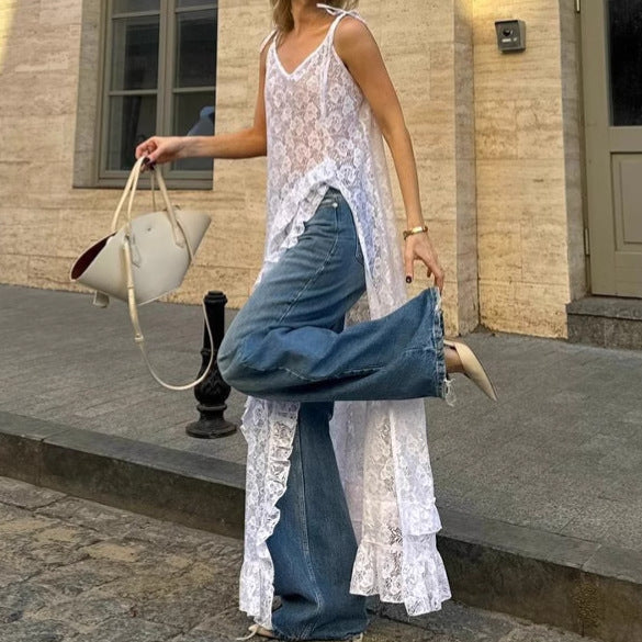 Women’s Maxi Dress – A-Line Fit – Lace Look – V-Neck – Tie Shoulders – Ruffle Trim – Side Split