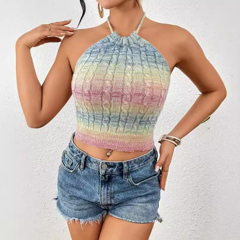 Women’s Halter Crop Top – Slim Fit Knit – Cable Pattern – Ribbed Hem Casual Wear
