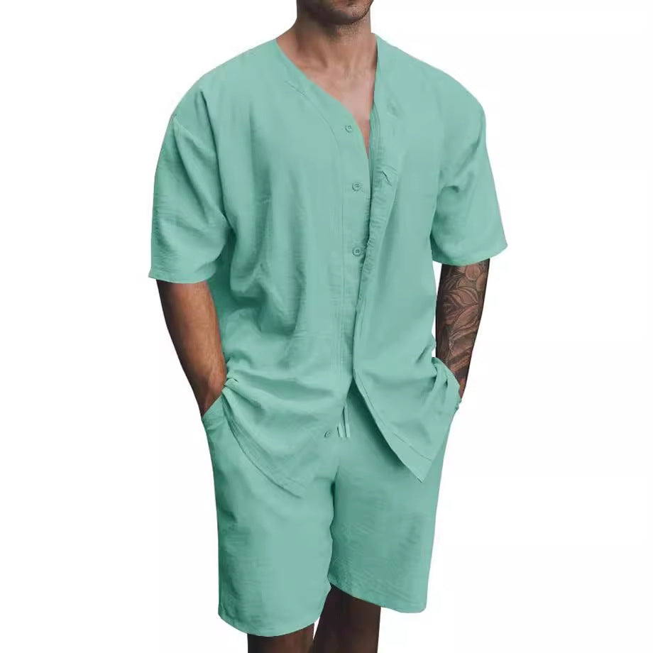Men’s Two-Piece Set – Cotton Relaxed Fit V-Neck Shirt and Elastic Waist Shorts