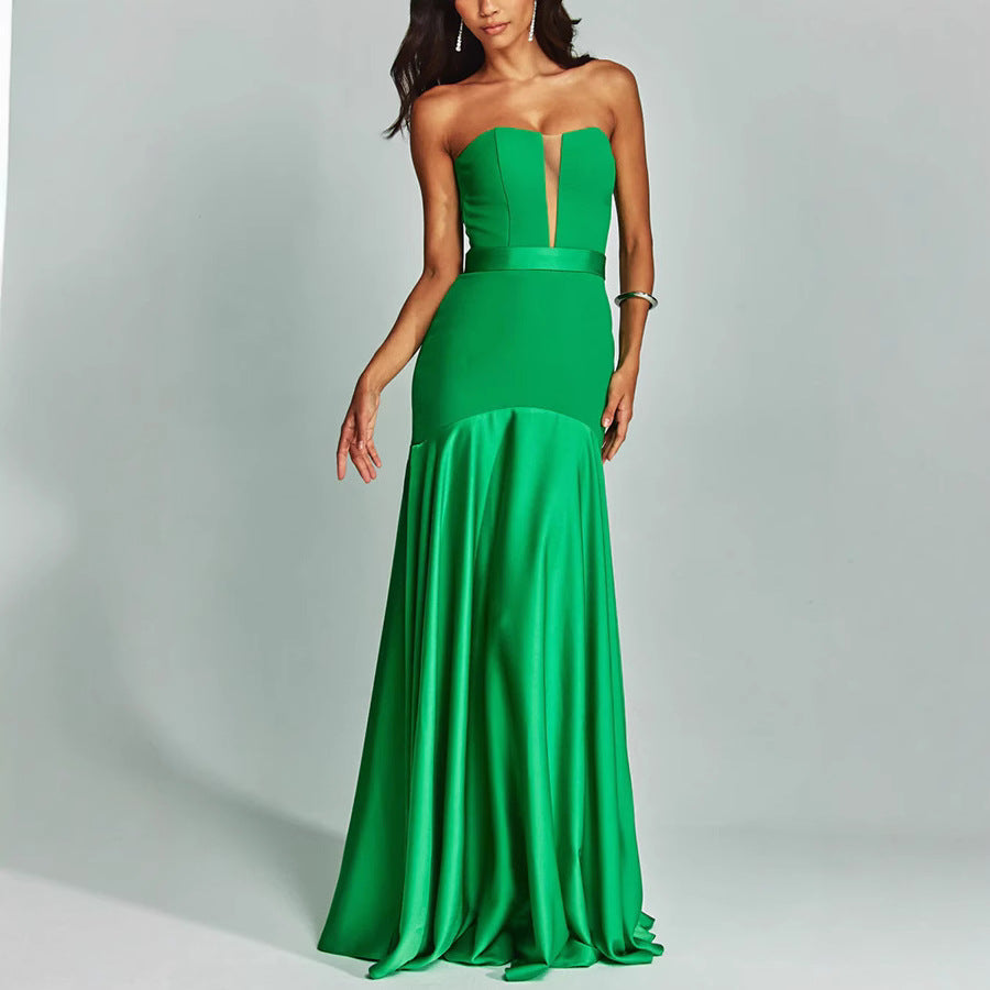 Women’s Strapless Gown – Satin Finish – Slim Fit – Plunging Neckline – Floor Length