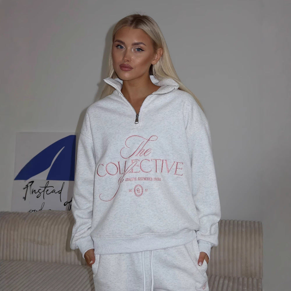 Women’s Sweatshirt – Oversized Fit – Stand Collar Zip – Embroidered Front