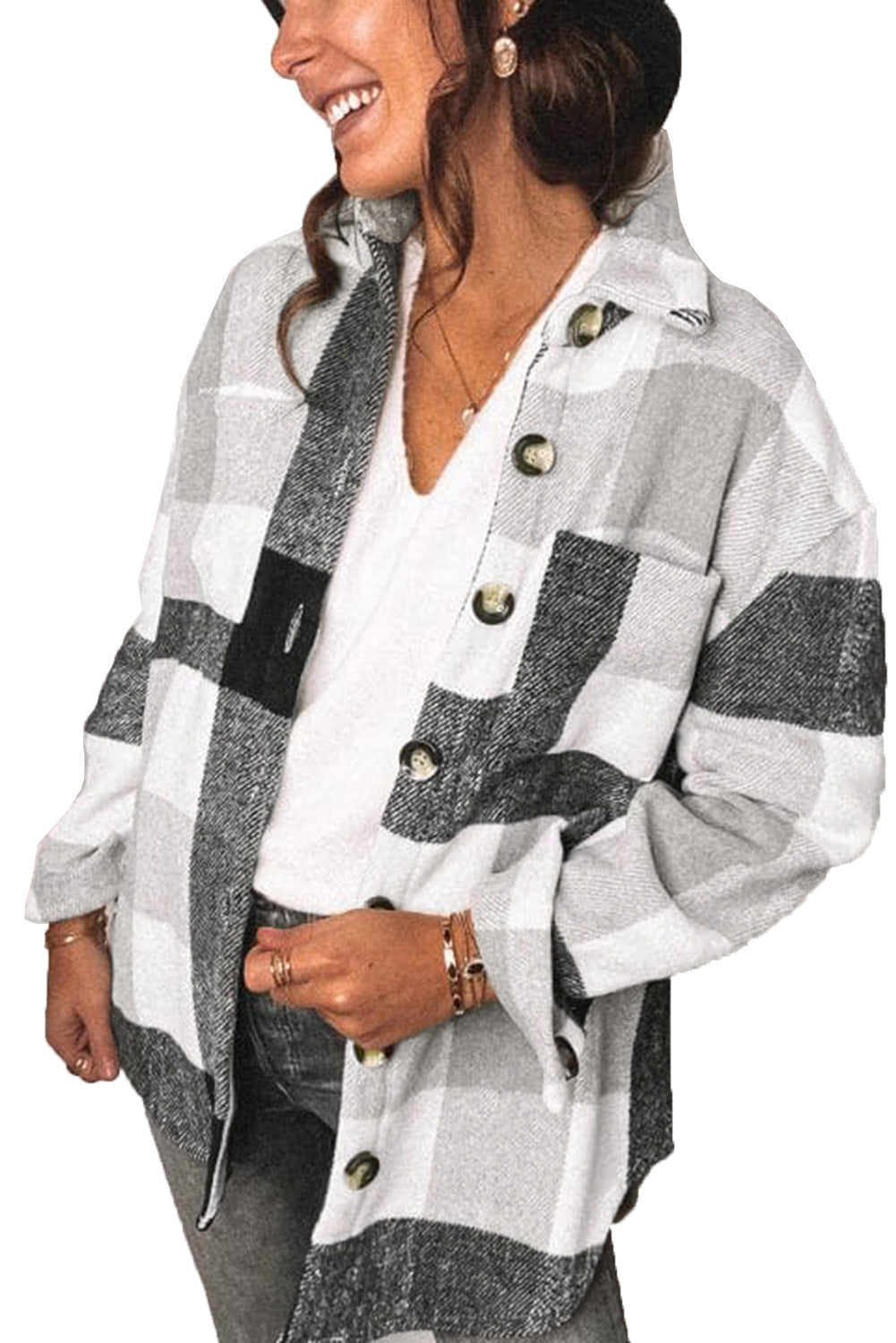 Women's Casual Plaid Button-Up Oversized Jacket