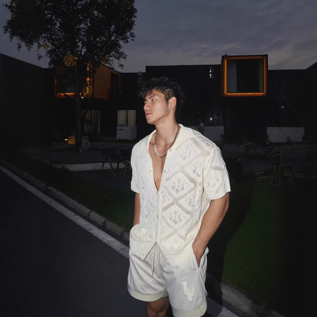 Men’s Knit Cardigan – Oversized Fit – Soft Knit – Openwork V-Neck – Short Sleeve