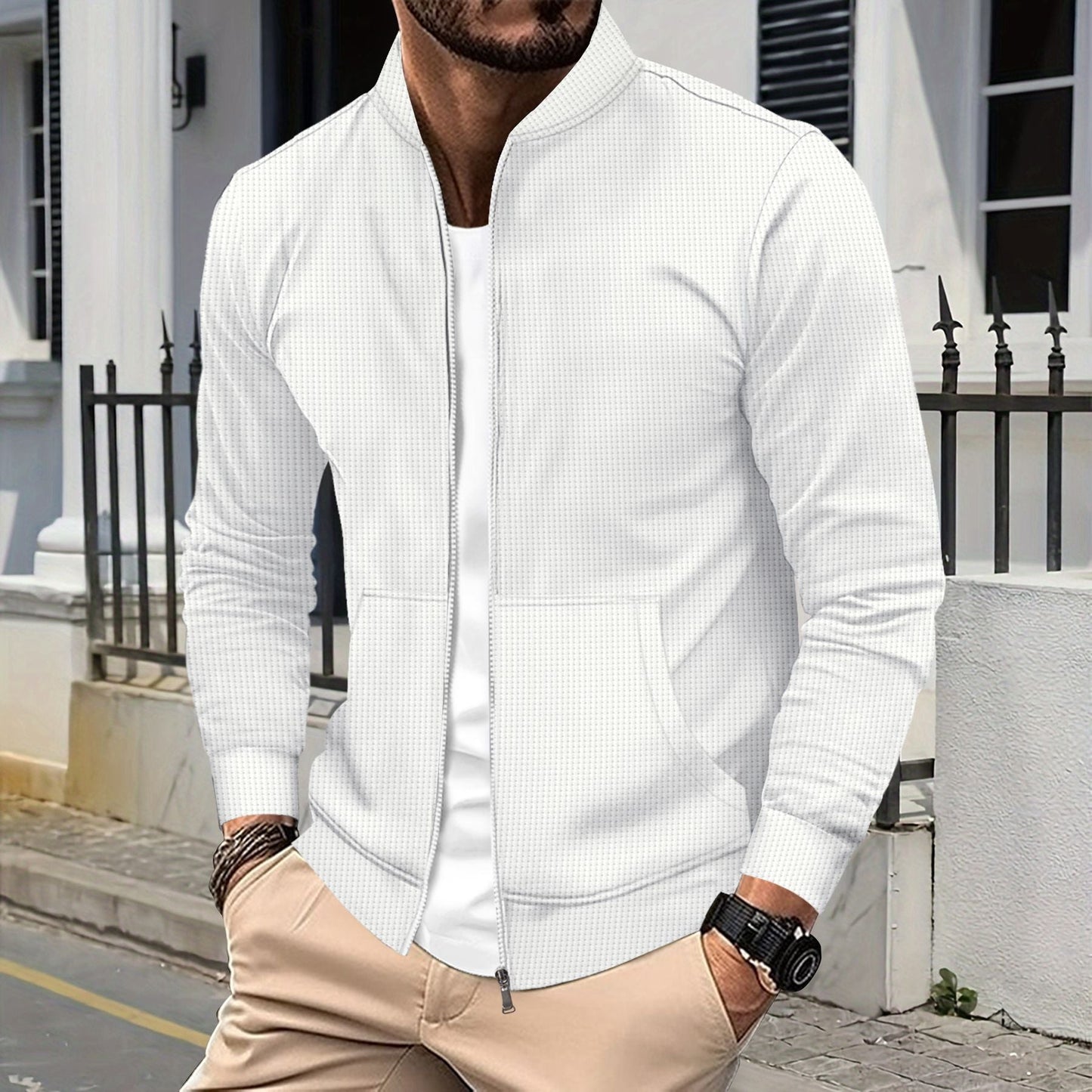 Men’s Zip Jacket – Athletic Fit – Textured Fabric – Ribbed Trim – Front Pockets
