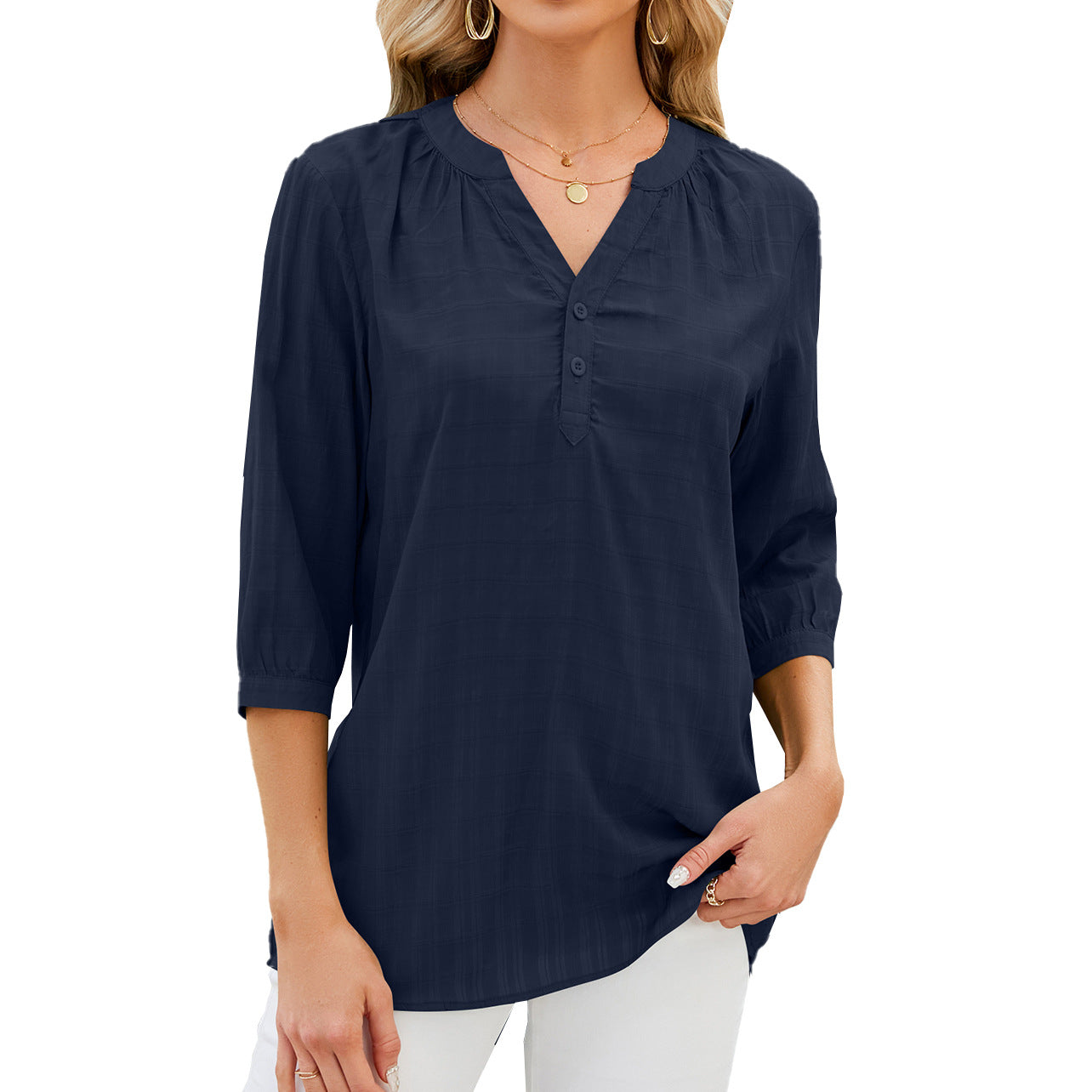 Women’s Blouse – Relaxed Fit – Cotton Blend – 3/4 Sleeve – Button Front