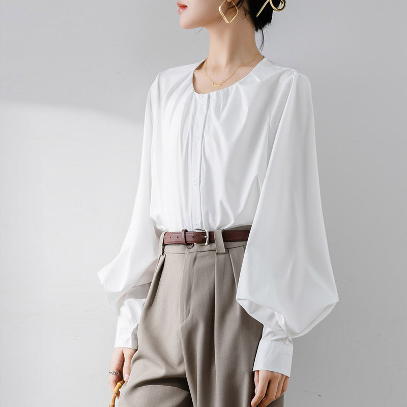 Women’s Blouse – Loose Fit – Silk Satin Feel – Lantern Sleeve – Button Front – Round Neck