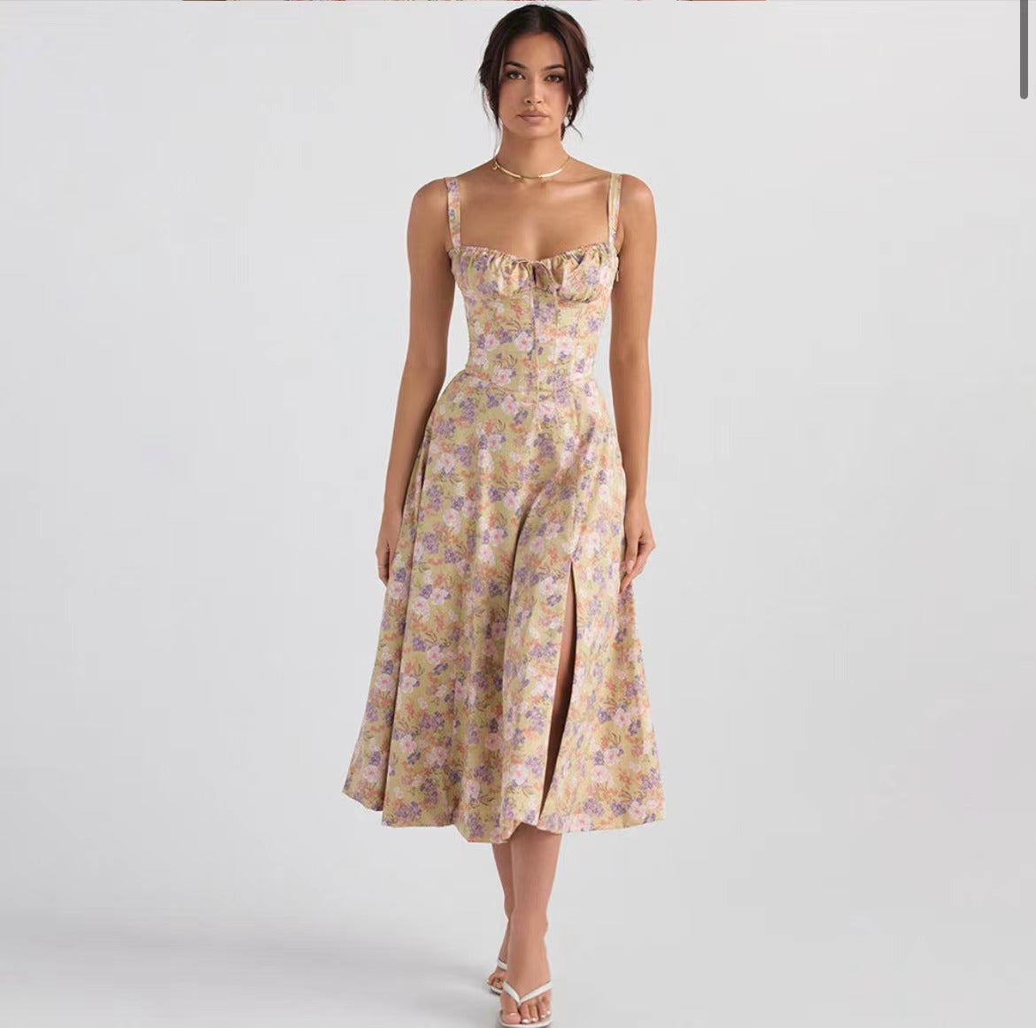 Women’s Midi Dress – Sleeveless – Tie Front – Floral Print – High Slit – Cotton Blend