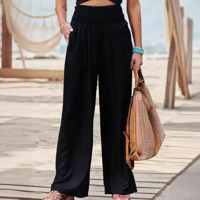 Women’s Wide Leg Pants – Breathable Blend – Relaxed Fit – Elastic Waist Full Length