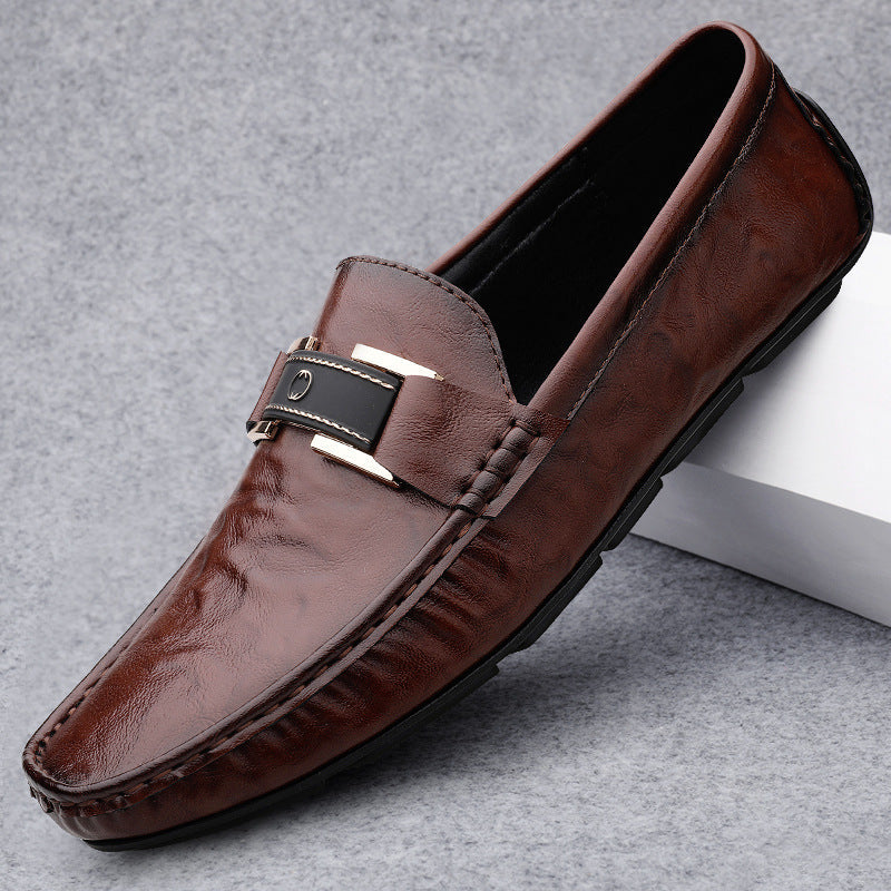 Men’s Leather Loafers – Slip-On Fit – Decorative Strap – Breathable Soft Sole