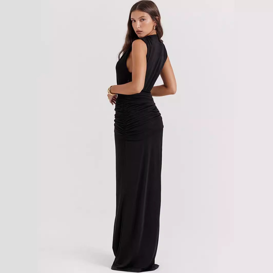 Women’s Evening Dress – Satin Look – Deep V-Neck – High Slit – Bodycon Fit – Sleeveless