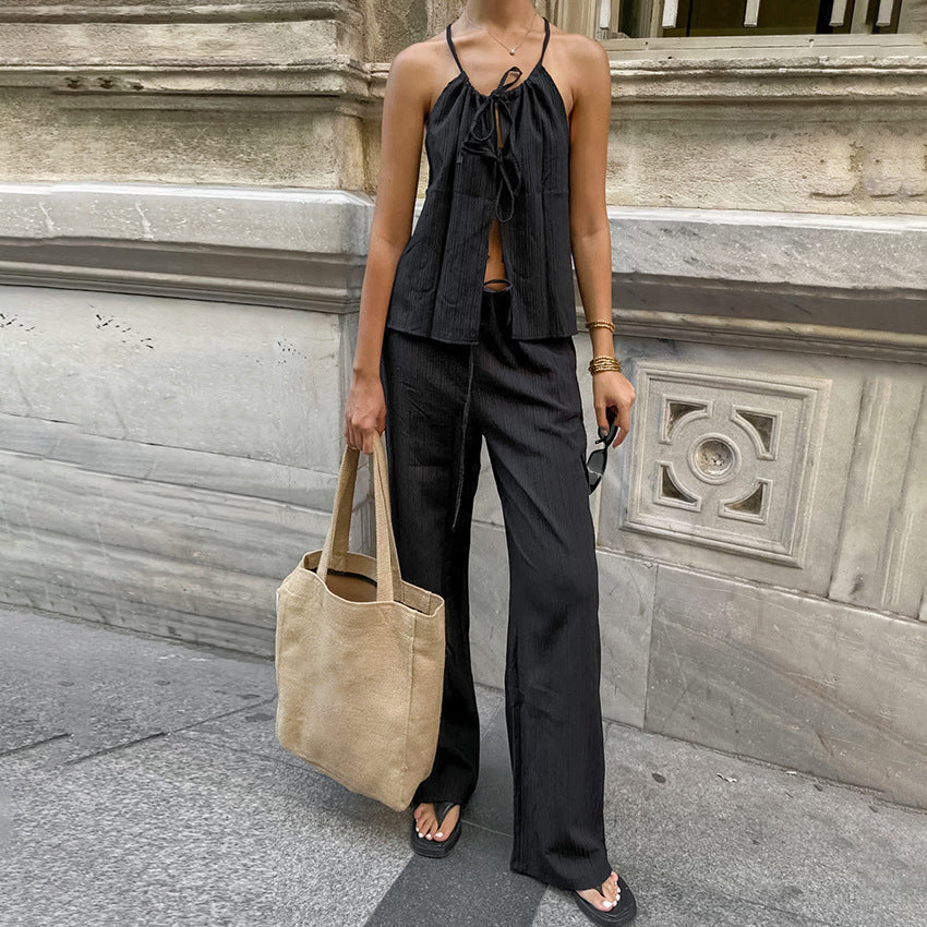 Women’s Two-Piece Set – Linen Blend – Tie Front Crop Top – Wide-Leg Drawstring Pants