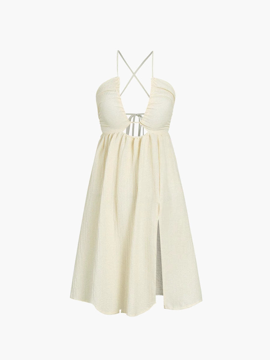 Women’s Midi Dress – Relaxed Fit – V-Neck – Spaghetti Straps – Cut-Out – High Slit