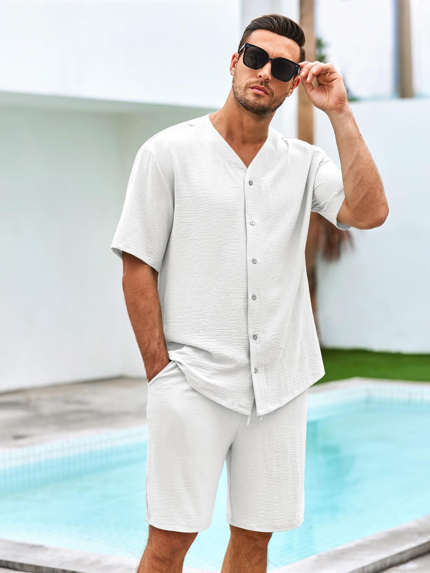 Men’s Two-Piece Set – Cotton Relaxed Fit V-Neck Shirt and Elastic Waist Shorts