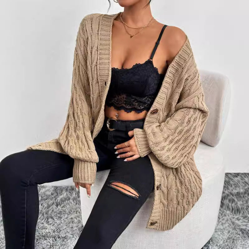 Women’s Cardigan – Cable Knit – Oversized Fit – V-Neck – Button Front – Long Sleeve