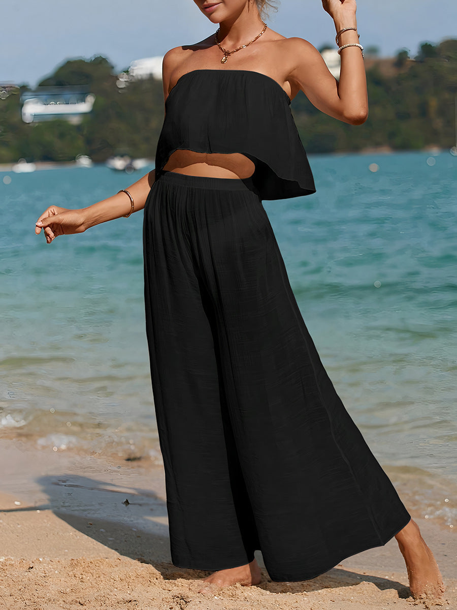 Women’s Two Piece Set – Strapless Cropped Top – High Waist Wide Leg Pants – Breathable Fabric