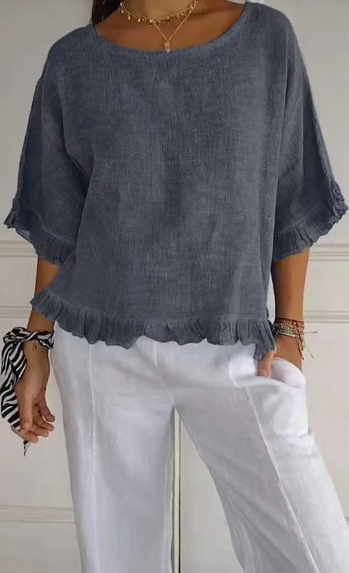 Women’s Blouse – Relaxed Fit Cotton Linen – Ruffle Hem – Short Sleeve – Round Neck
