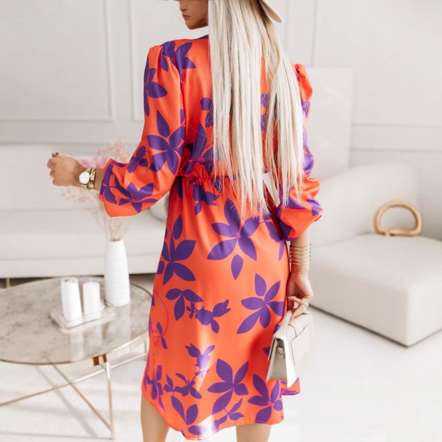 Women’s Midi Dress – Floral Print – V-Neck – Puff Sleeve – A-Line Cinched Waist