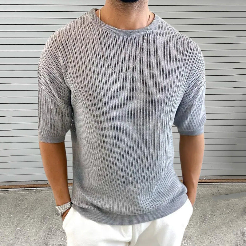Men’s Knit Top – Slim Fit – Lightweight Ribbed Texture – Crew Neck Short Sleeve