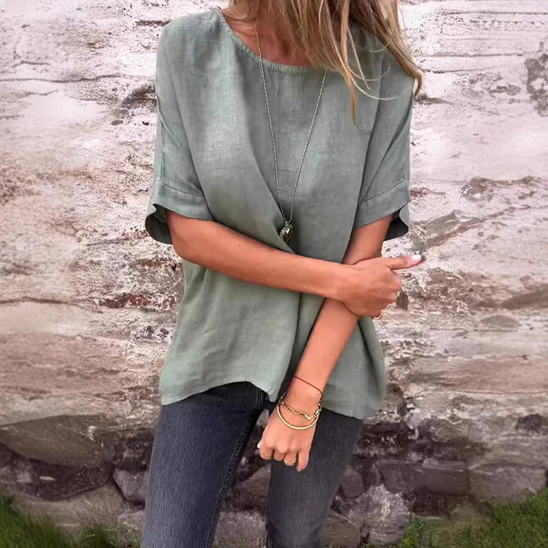 Women’s T-Shirt – Linen Blend – Loose Fit – Short Sleeve – Round Neck Casual Top