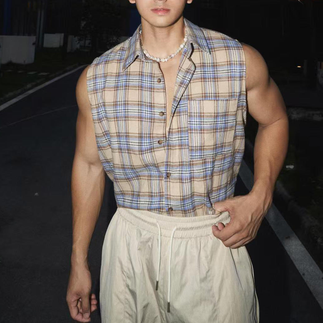Men's Sleeveless Shirt – Loose Fit – Plaid Button-Down – Lightweight Breathable Casual