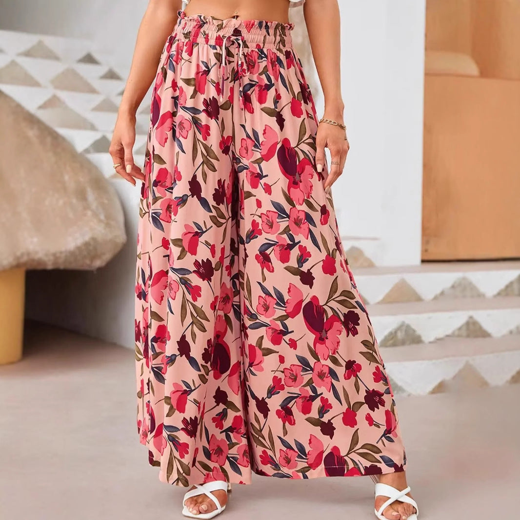 Women’s Wide-Leg Pants – Chiffon – High Waist – Floral Print – Drawstring Waist – Full Length