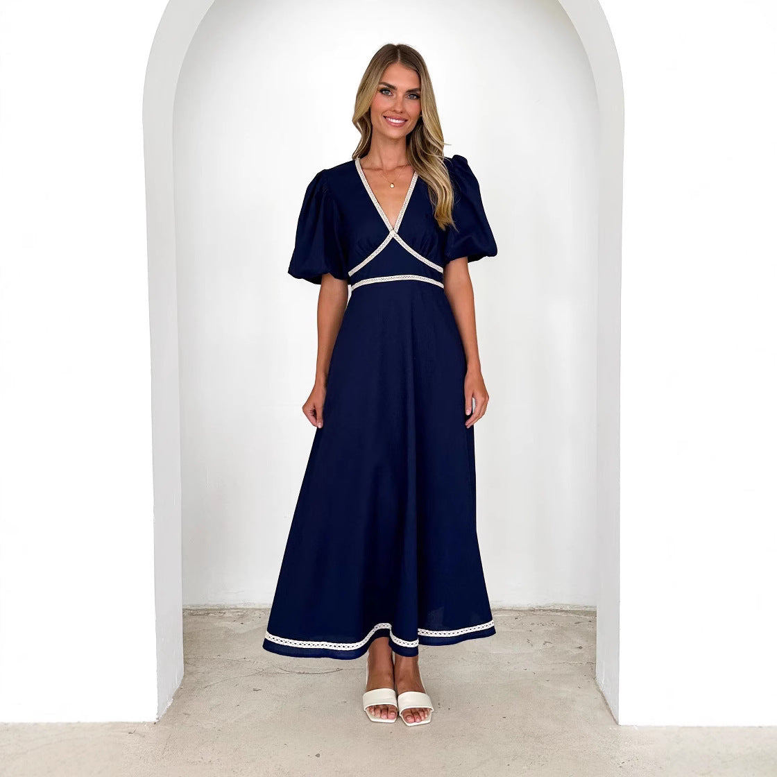 Women’s Long Dress – V-Neck Lace Trim – Puff Sleeve – Fitted Waist – Flowy Skirt