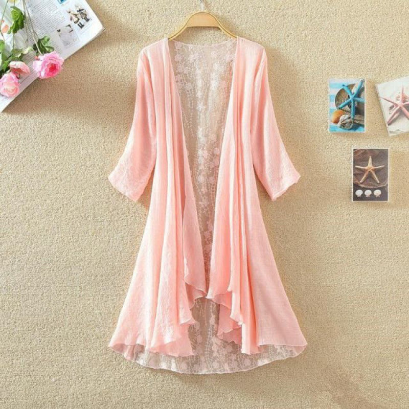 Women’s Mid-Length Cardigan – Loose Fit – Open Front – Lace Back – Breathable Blend