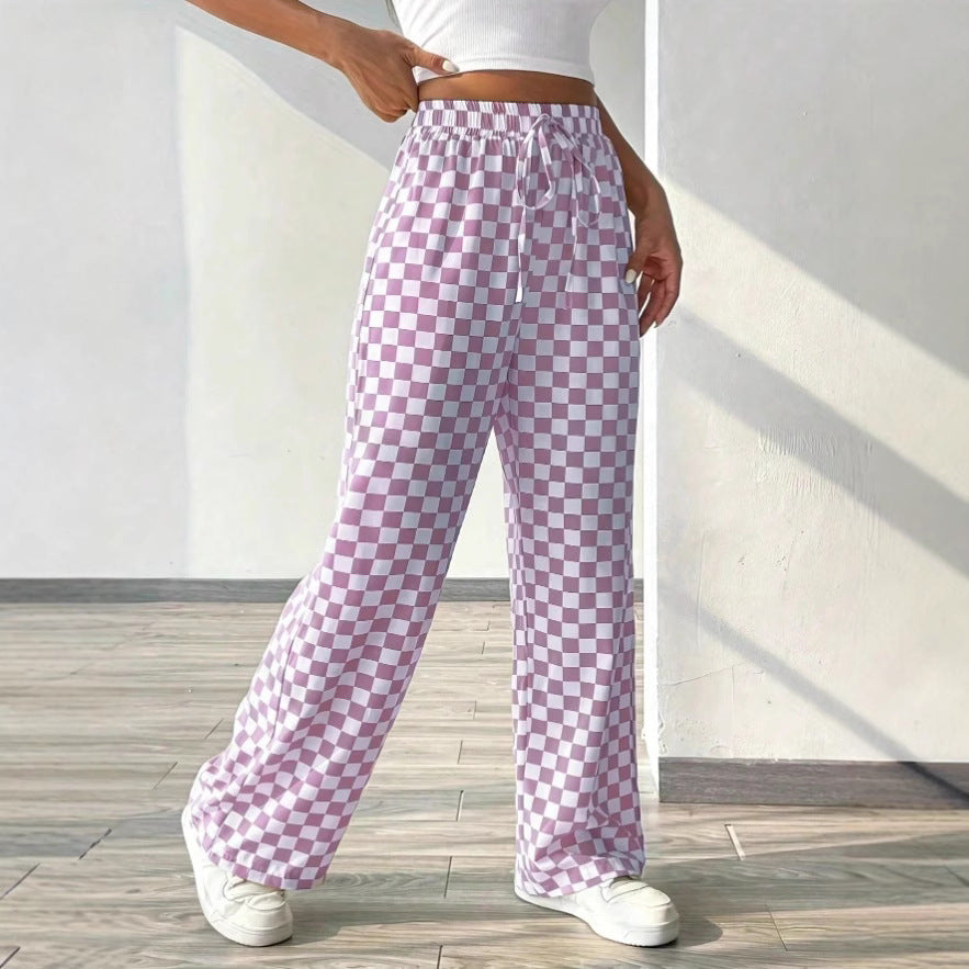 Women’s Wide-Leg Trousers – Relaxed Fit – Cotton Blend – Checkered – Elastic Waist