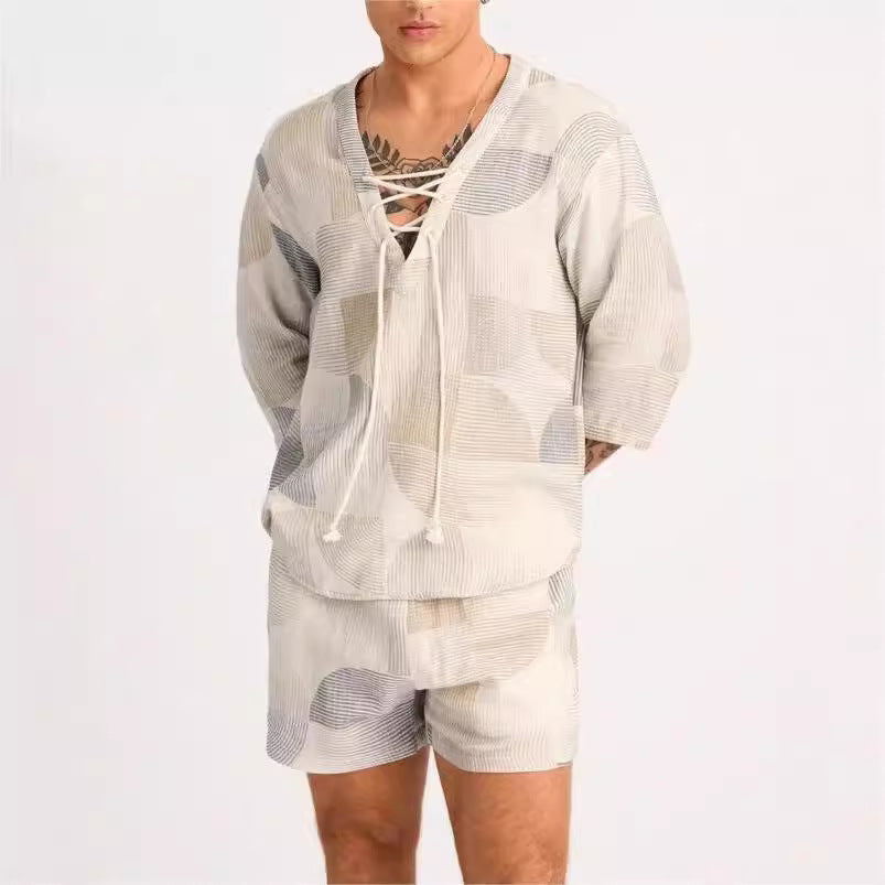 Men’s Casual Set – Lace-Up Shirt and Shorts – Relaxed Fit – Lightweight Breathable Fabric