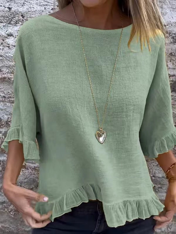 Women’s Blouse – Relaxed Fit Cotton Linen – Ruffle Hem – Short Sleeve – Round Neck