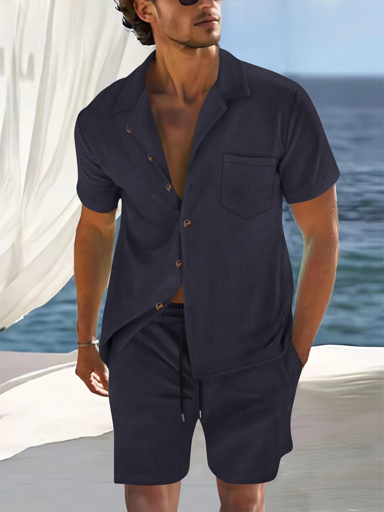 Men’s Shirt and Shorts Set – Cuban Collar – Relaxed Fit – Lightweight Breathable Fabric