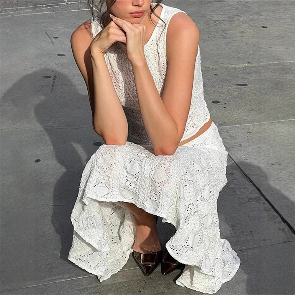 Women’s Two-Piece Set – Textured Sleeveless Crop Top – A-Line Midi Skirt – Casual Fit