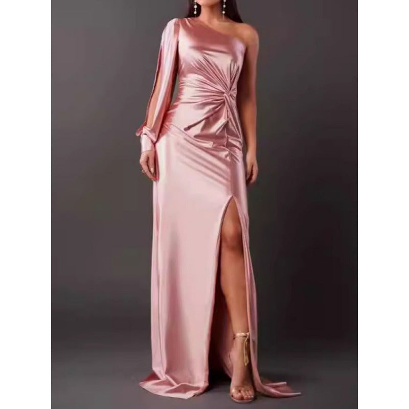 Women’s Maxi Dress – Satin – One Shoulder – Slim Fit – Ruched Waist – High Slit – Long Sleeve