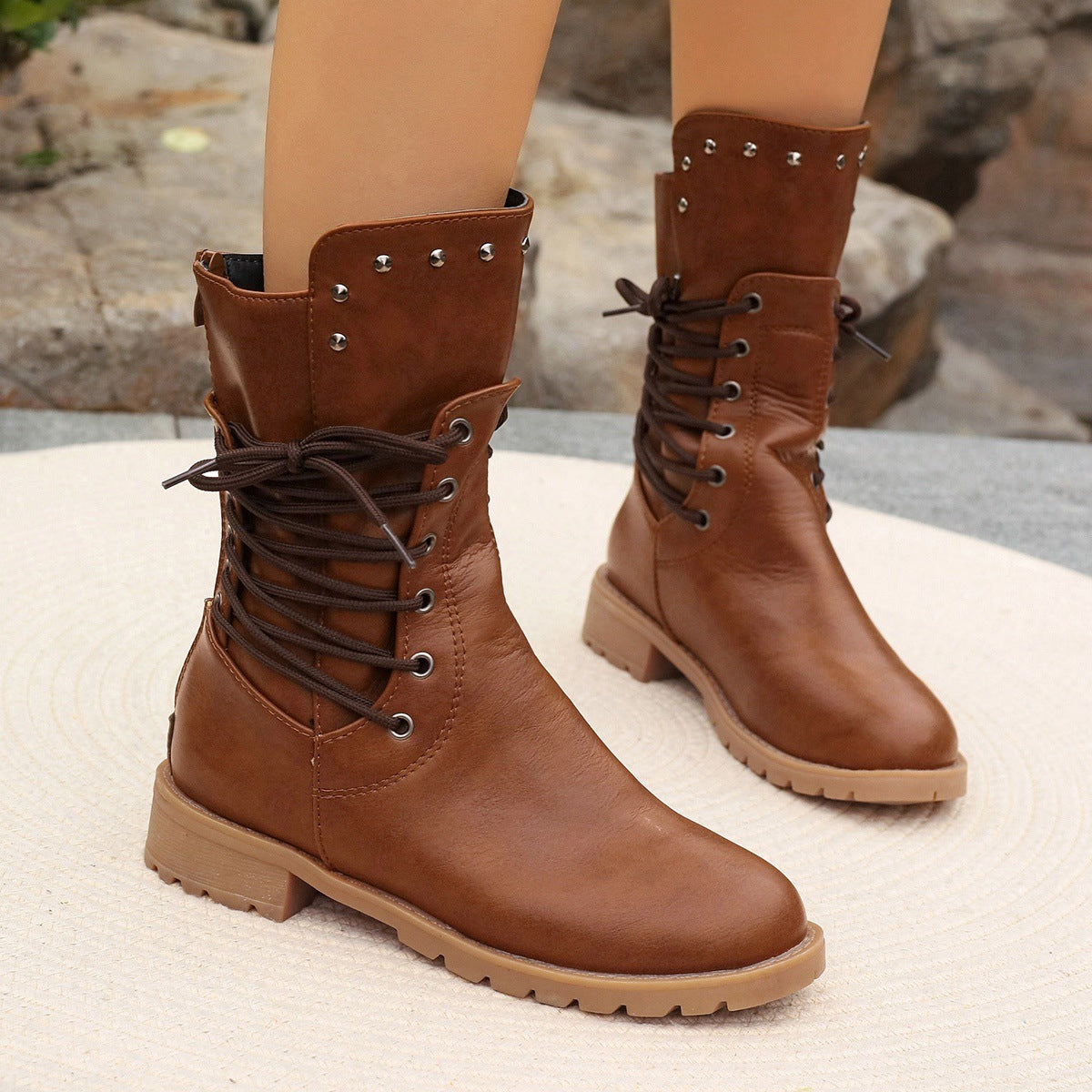 Women’s Mid-Calf Boots – Synthetic Leather – Lace-Up – Chunky Heel – Stud Detail