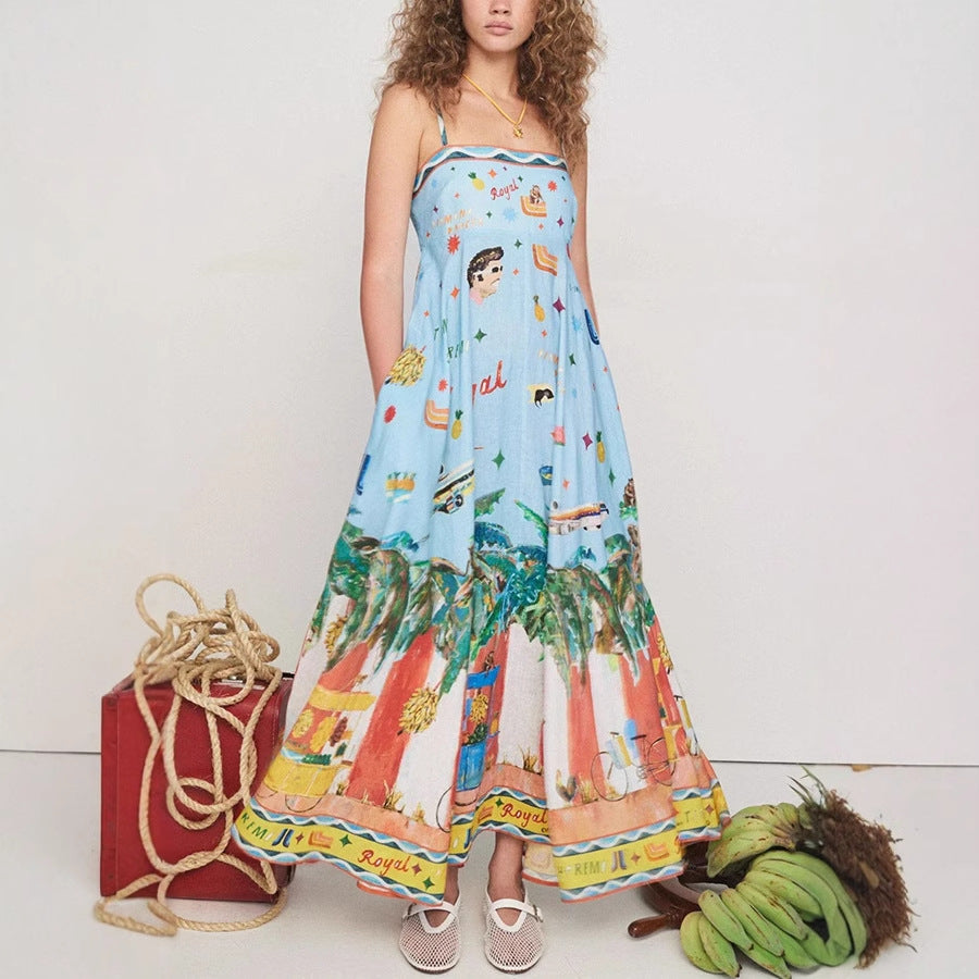 Women’s Maxi Dress – Cotton Blend – Graffiti Print – Smocked Back – Empire Waist