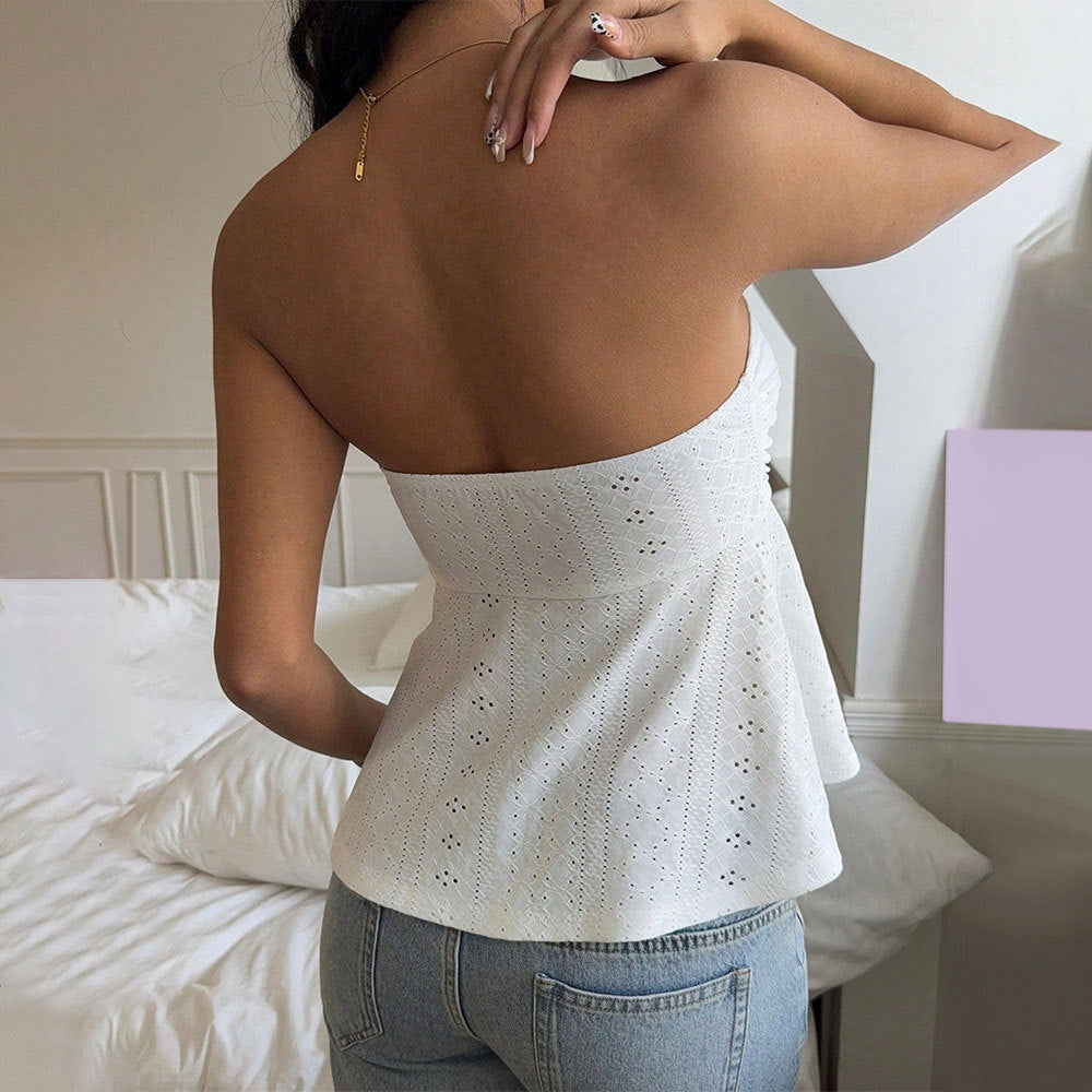 Women’s Strapless Bustier Top – Fitted Waist – Eyelet Texture – Cropped Flared Hem