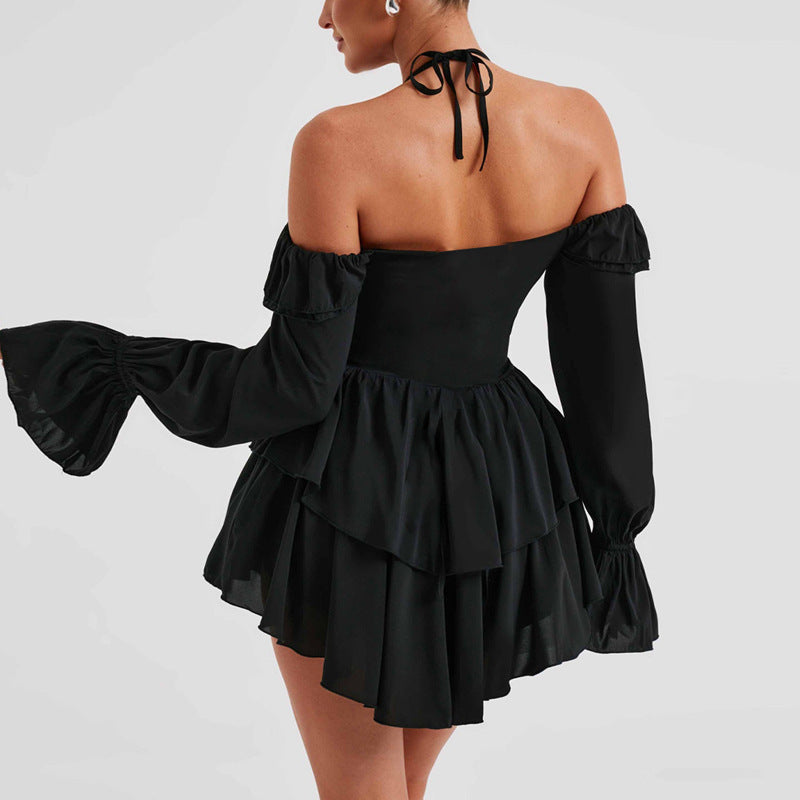 Women’s Romper – Halter Neck – Off-Shoulder Long Sleeves – Deep V Ruffle Front – Flowy Fit
