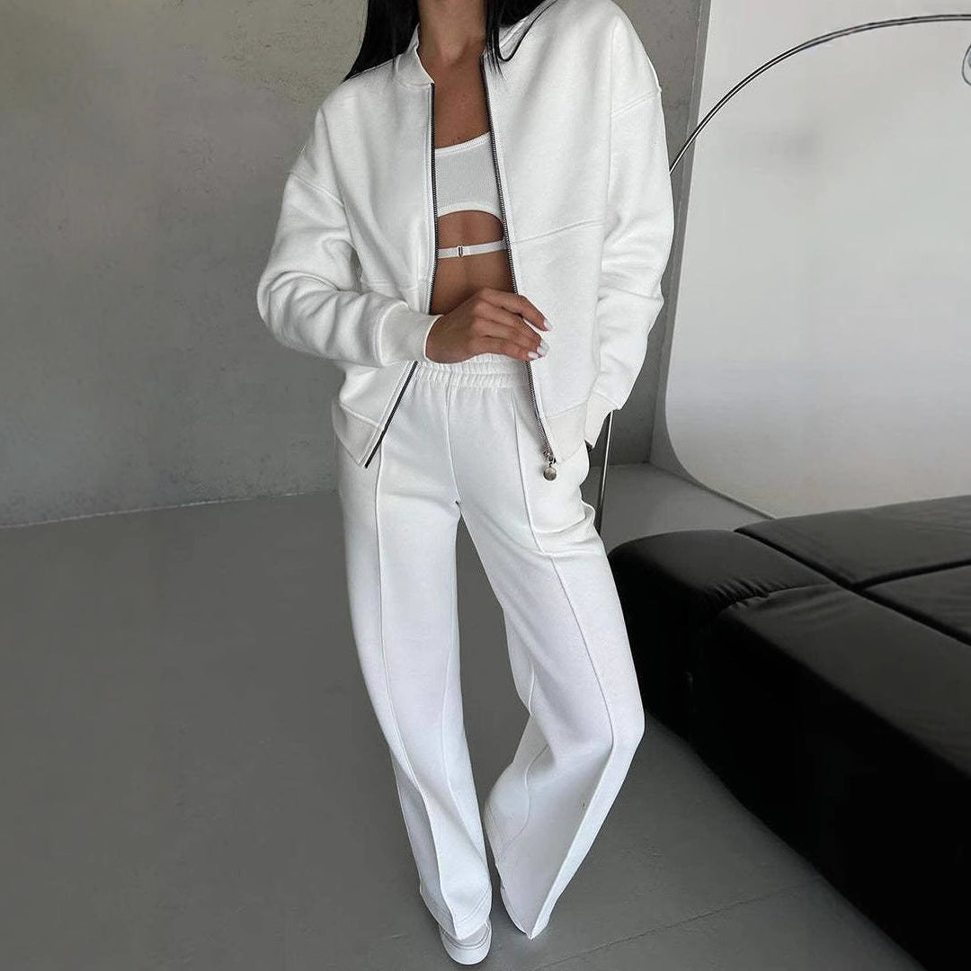 Women’s Two-Piece Set – Zip-Up Jacket – Wide-Leg Pants – Relaxed Fit – Cotton Blend